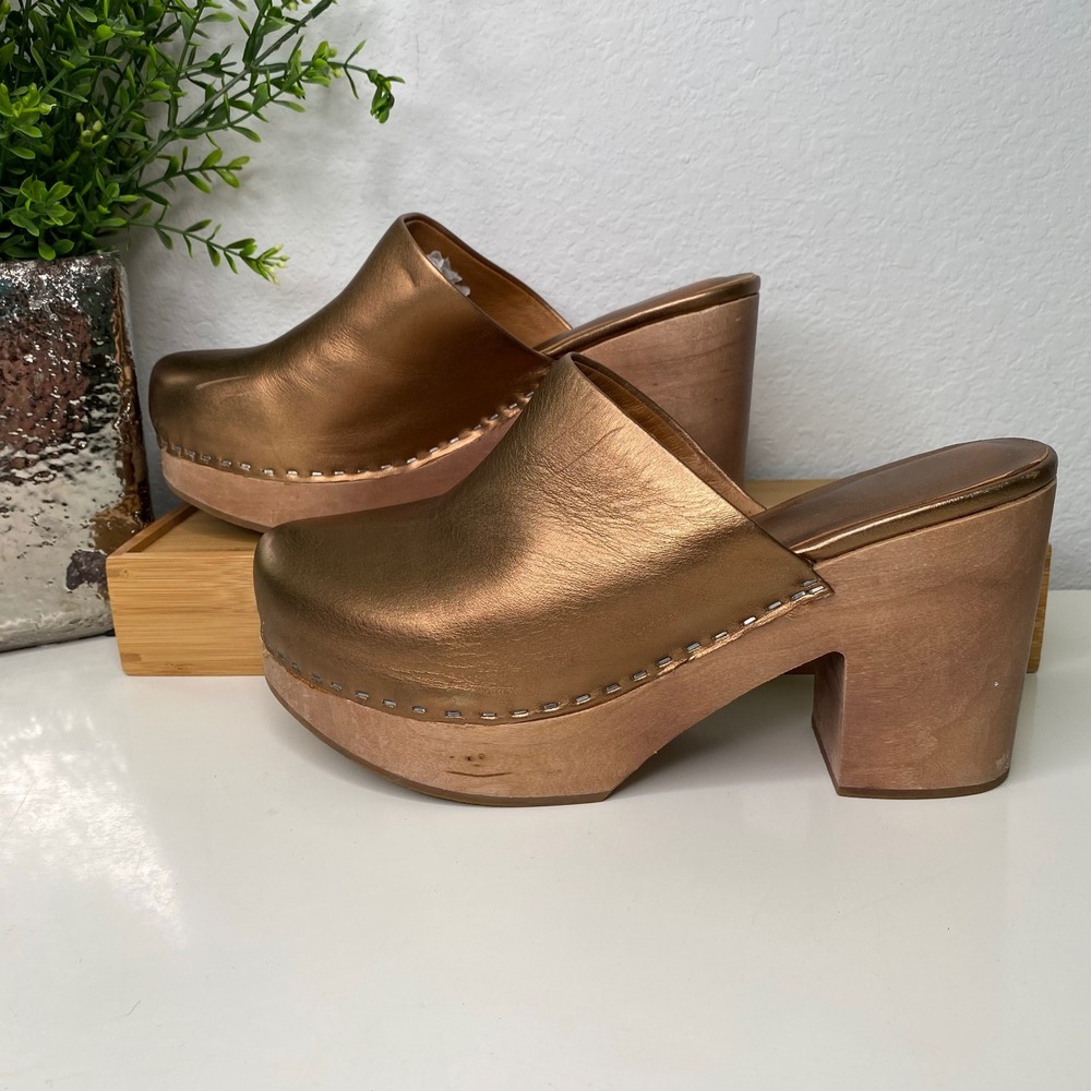 Charlotte Stone Marlo Clogs Bronze Metallic Leather Wooden Platform Heel Boho 9 - Picture 3 of 16